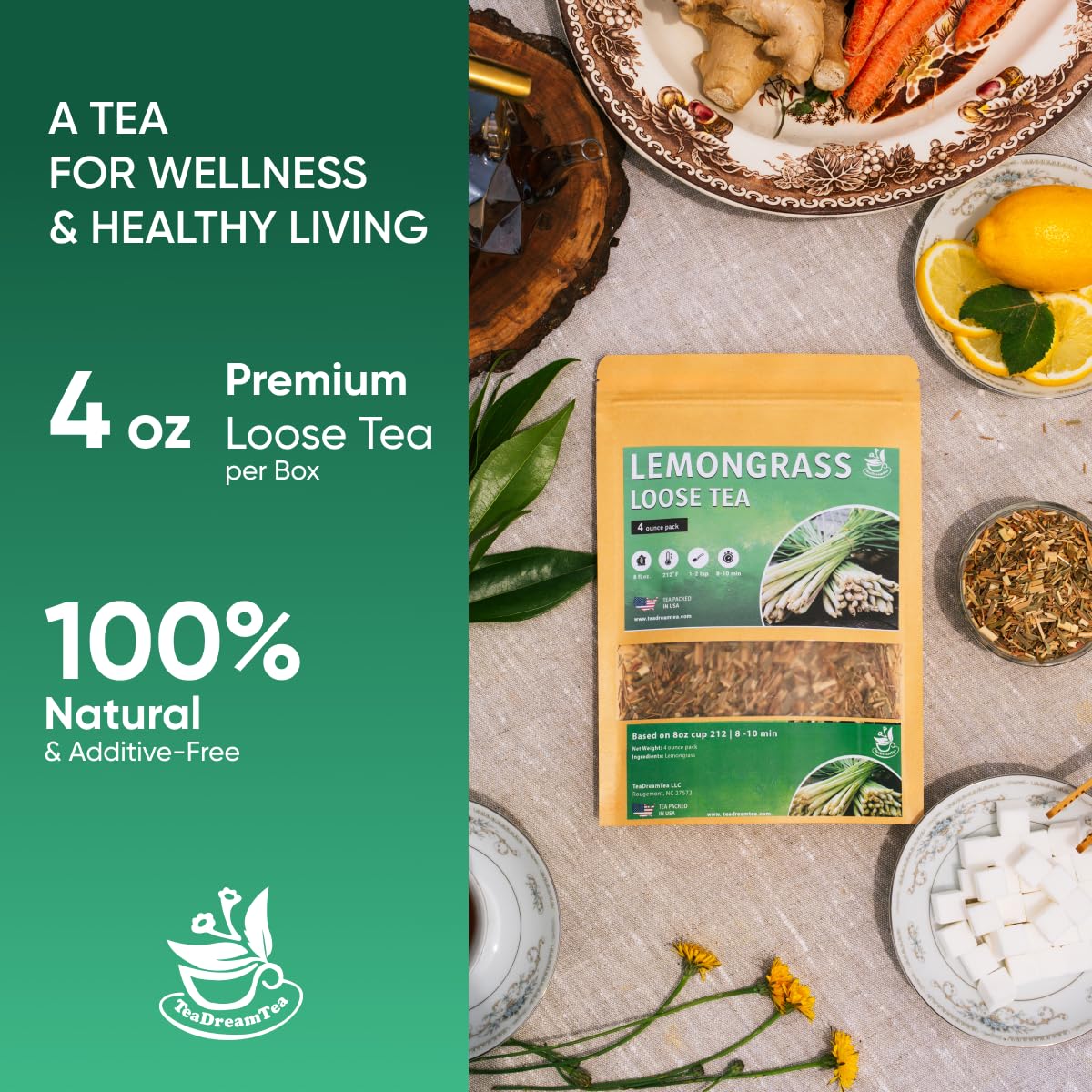 Lemongrass Leaf Loose Tea – 4oz Size (Premium Dried Lemongras Loose Leaf Tea - 4 oz), Natural Extract Caffeine-Free Herbal Tea for Relaxation, Wallness with Smooth Taste
