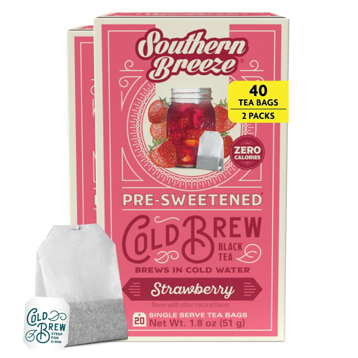 Southern Breeze Cold Brew Sweet Tea Strawberry Iced Tea 20 Tea Bags, 2 Pack