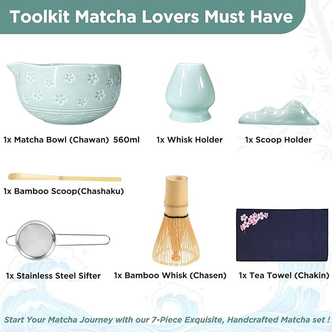 AANQQ Matcha Whisk Set: 7-PCS Matcha Set Whisk & Bowl Kit - 19OZ/560ml Ceramic Matcha Bowl with Spout - Matcha Starter Making Kit Ceremony Gift for Japanese Tea Lovers/Kitchen/Office (Blue)