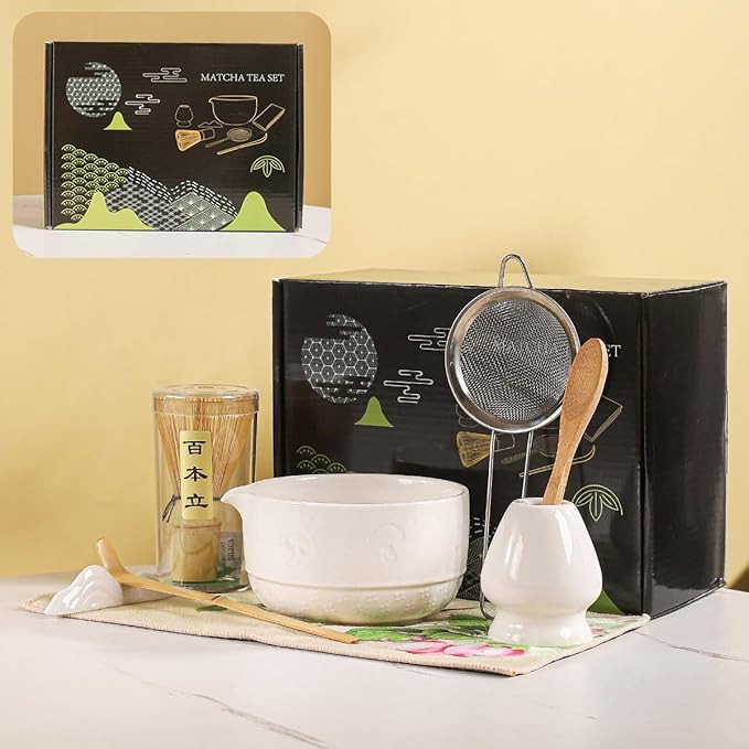 Matcha Set, 8-Piece Ceramic Matcha Bowl & Whisk Kit with Mushroom Pattern, Traditional Japanese Chawan, Bamboo Chasen, Scoop & Sifter