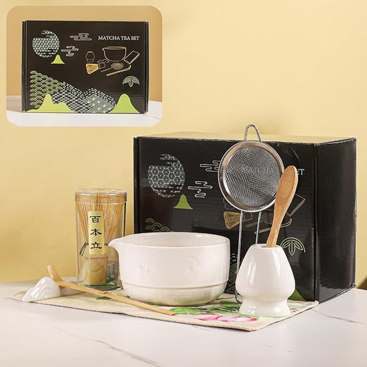 Matcha Set, 8-Piece Ceramic Matcha Bowl & Whisk Kit with Mushroom Pattern, Traditional Japanese Chawan, Bamboo Chasen, Scoop & Sifter