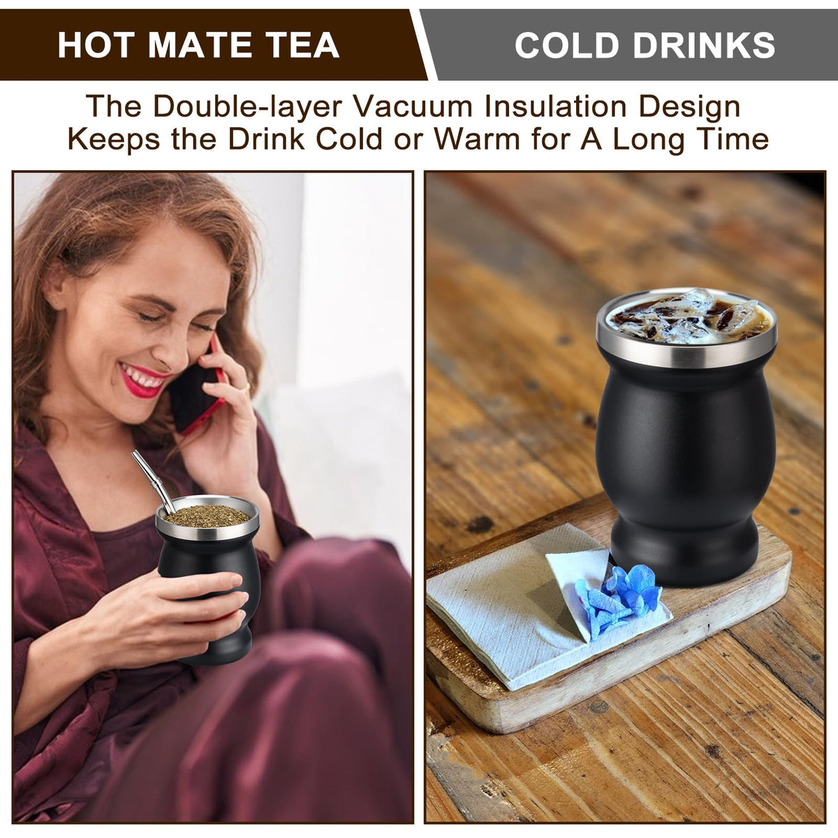 Husfunov 8oz Yerba Mate Cup, 304 Stainless Steel Double-Wall Mate Cup