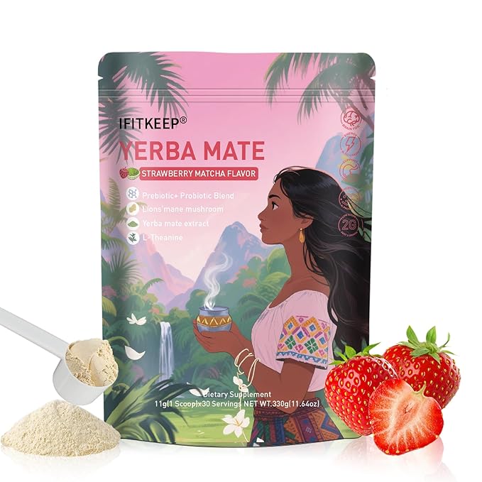IFITKEEP Yerba Mate Strawberry Matcha Flavor - Super Yerba Instant Tea Powder, Lion’s Mane,Prebiotic & Probiotic Mix,Supports Energy, Focus and Gut Health 30 Servings.