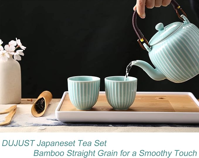 Dujust Japanese Tea Set, Cyan-blue Porcelain Tea Set with 1 Teapot Set, 6 Tea Cups, 1 Tea Tray, 1 Stainless Infuser