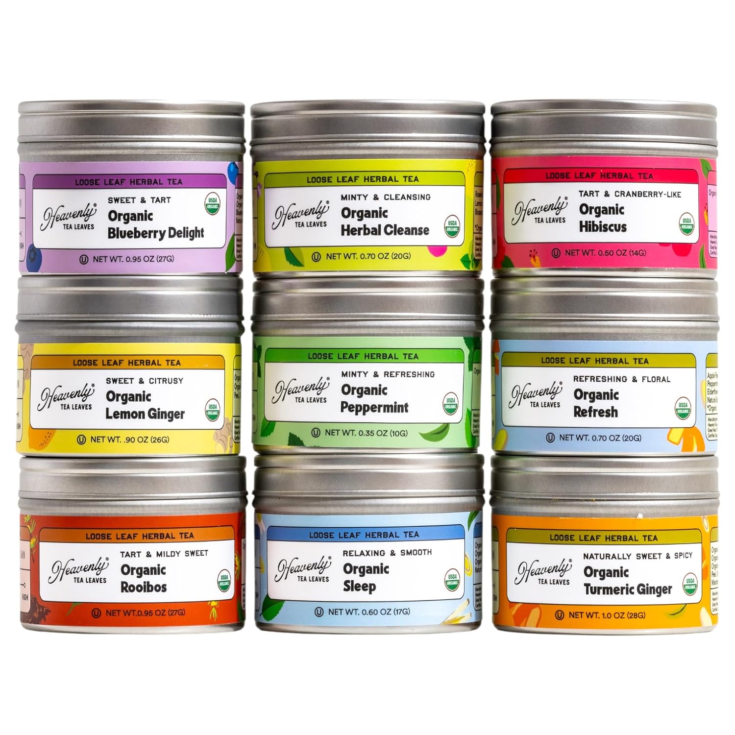 Heavenly Tea Leaves Organic Herbal Loose Leaf Tea Sampler Gift Set (Approx. 90 Cups) - 9 Flavor Variety Pack, Naturally Caffeine Free Tisanes, Assorted Herbal Teas, Hot or Iced