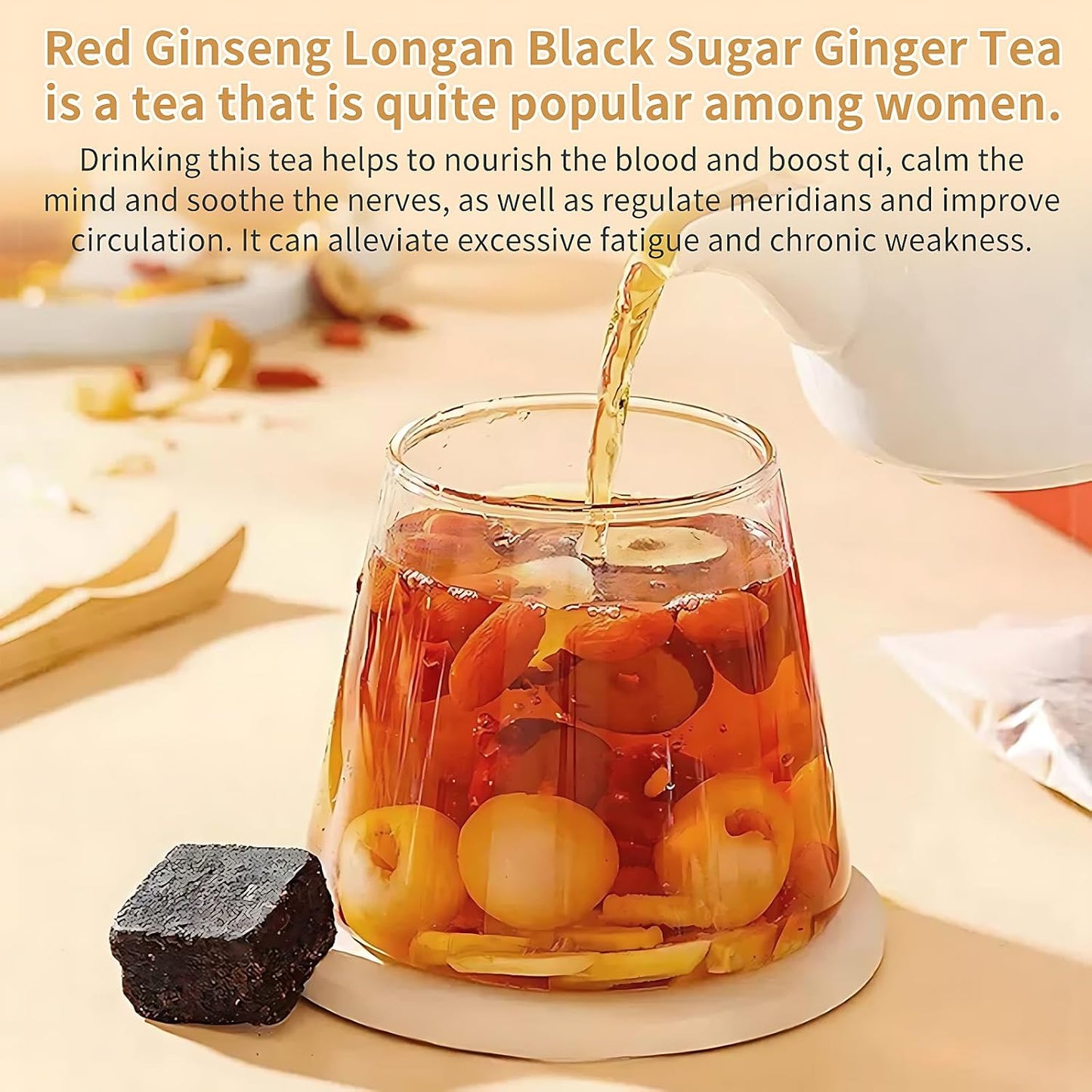 Hee Creek Longan Red Date Ginger Sugar Tea 10.23oz (25 Bags) Ancient Method Handmade Red Ginseng Brown Sugar Ginger Tea for Women Qi and Blood Tonic, Caffeine Free 红参 桂圆红枣姜糖茶 黑糖姜茶 红糖姜枣茶
