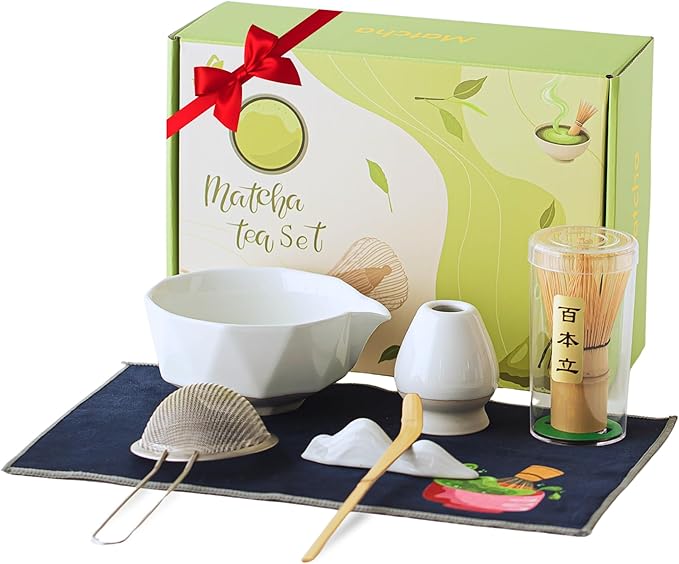 Matcha Whisk Set Black, 8 Pcs Matcha Set with Bowl (Chawan)/Whisk/Holder & Accessories, Matcha Kit for Ceremony, Traditional Tea Set for Making Latte