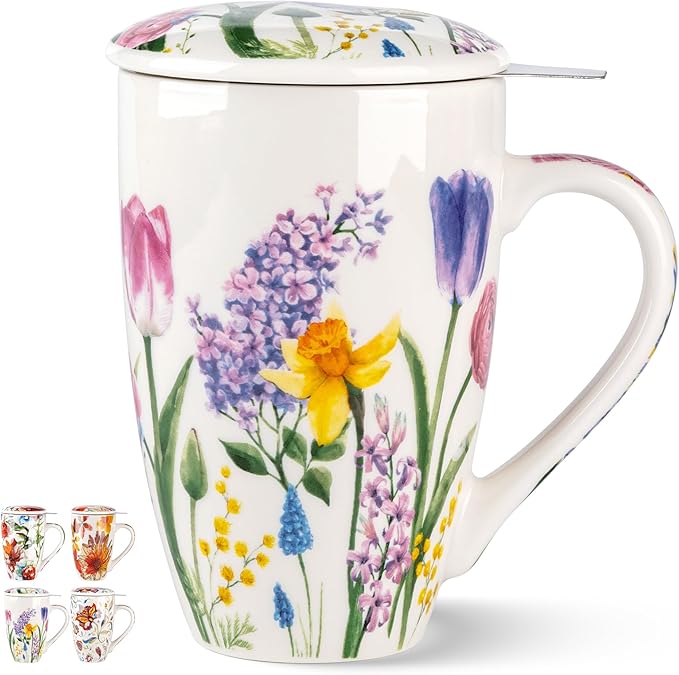 Gbhome Tea Mug with Infuser and Lid, 18 Ounce Large Ceramic Loose Leaf Cup, Microwave, Dishwasher Safe, Perfect for Tea Lovers