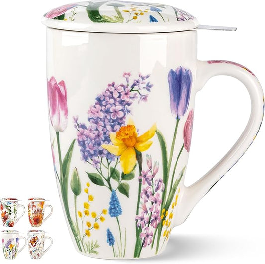 Gbhome Tea Mug with Infuser and Lid, 18 Ounce Large Ceramic Loose Leaf Cup, Microwave, Dishwasher Safe, Perfect for Tea Lovers