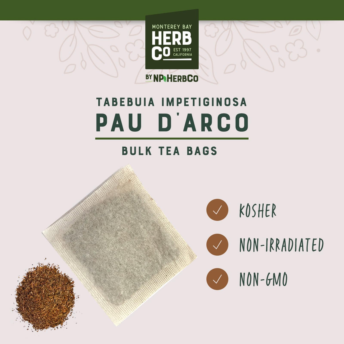 MONTEREY BAY HERB CO Pau D'arco Herbal Tea, by Herb Co, All-Natural Ipe Roxo Bark, Caffeine Free, Kosher, Approximately 50