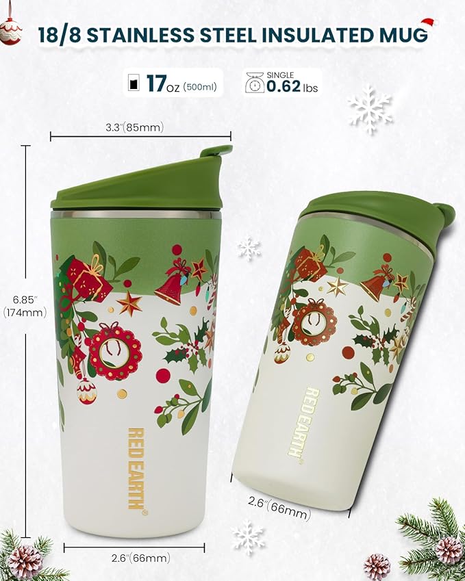 GiNT 17oz Christmas Tea Cup with Infuser and Lid - 4D Gold Foil Pattern (Bells & Holly)