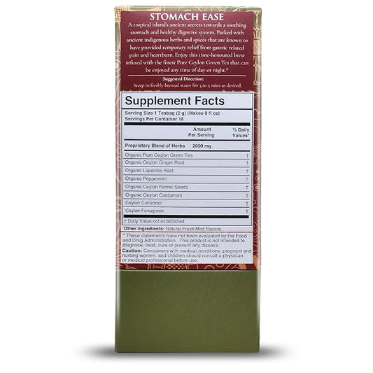 Térapy Ceylon Stomach Ease Herbal Tea Bags | Soothes Stomach & Supports Healthy Digestion | All Natural Ayurvedic Ingredients Including Peppermint, Ginger, Licorice | 18 Individually Wrapped Tea Bags