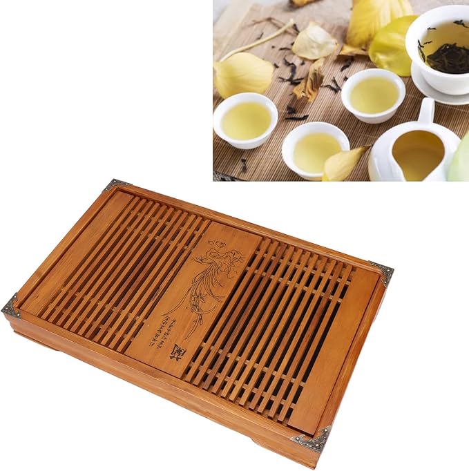 Kungfu Tea Tray Chinese Gongfu Tea Tray Drainage Water Storage Wood Tea Table with Drain Pipe (Yellow Orchid)