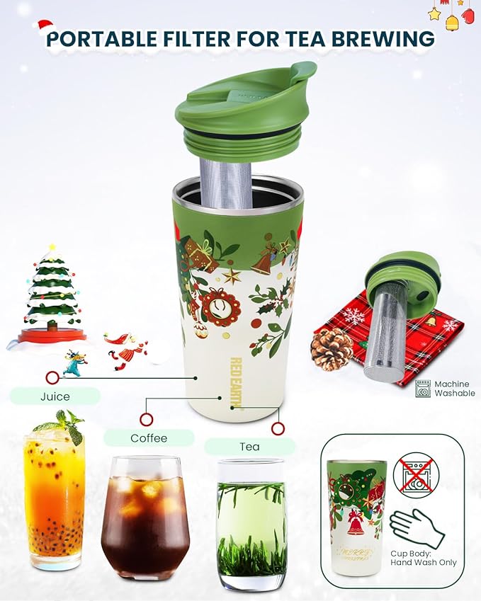 GiNT 17oz Christmas Tea Cup with Infuser and Lid - 4D Gold Foil Pattern (Bells & Holly)
