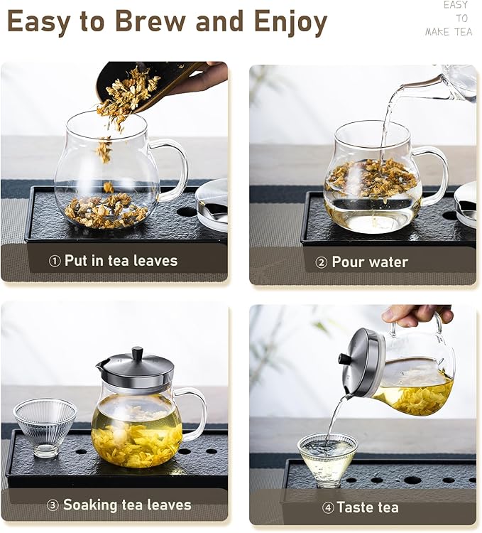 400ml (13.52 oz) Glass Teapot with Stainless Steel Strainer, Clear Teapot for Stovetop, Home, Office or Solo Tea Drinking