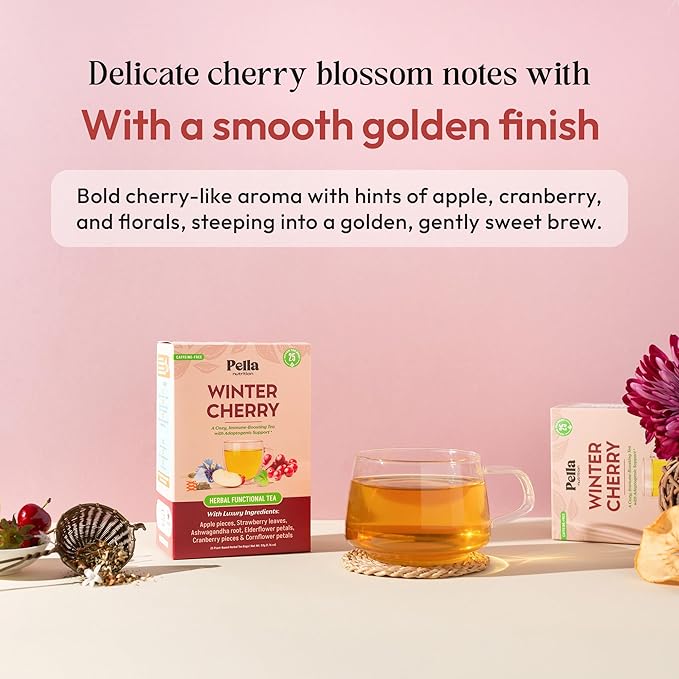Winter Cherry Ashwagandha Herbal Tea – With Strawberry, Cranberry, Apple, Elderflower, Cornflower – Vegan, Kosher, Caffeine-Free – Hot or Iced Tea Bags – Adaptogenic & Immune Health Support (25 Count)