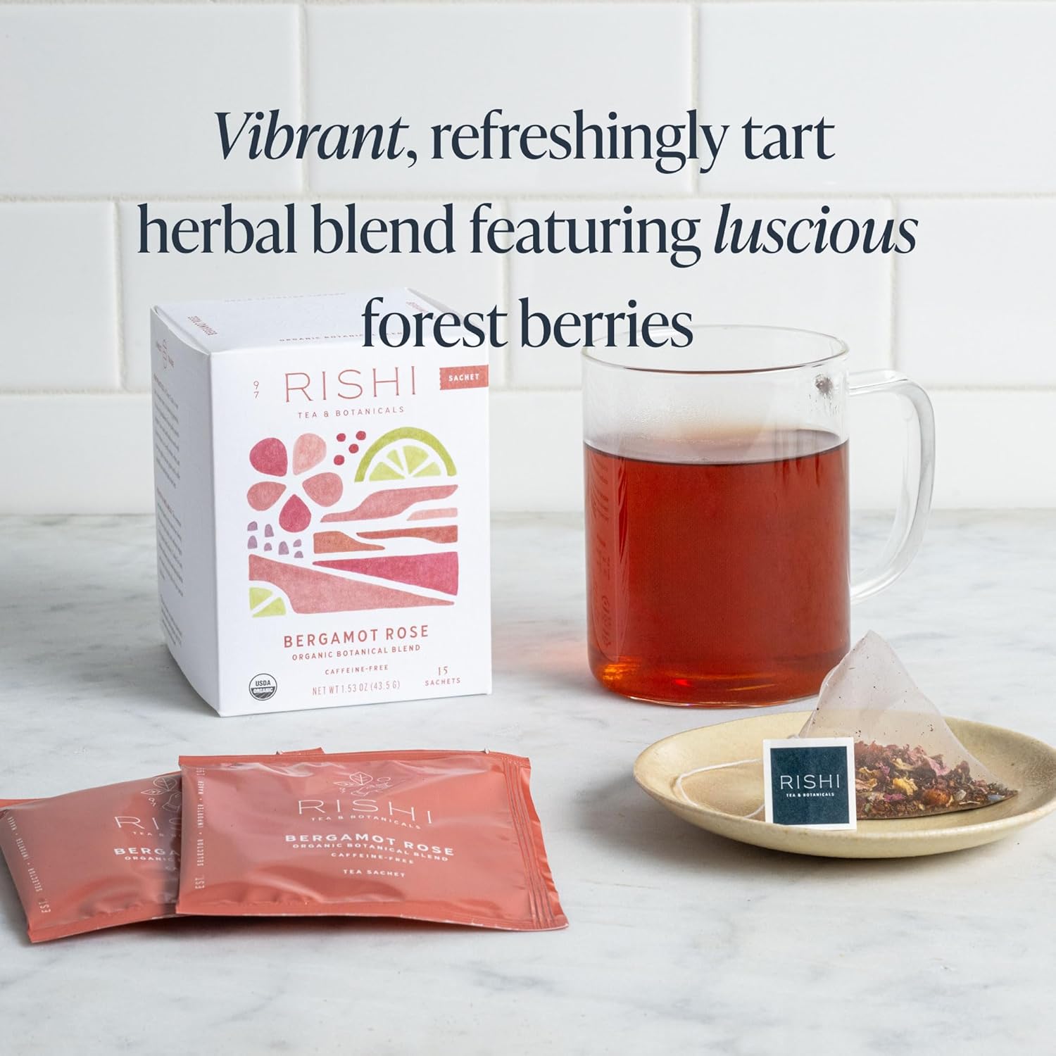 Rishi Tea Bergamot Rose Herbal Tea - Organic, Caffeine Free Sachet Bags, Floral and Citrus Botanical Blend - 15 Count (Pack of 1)