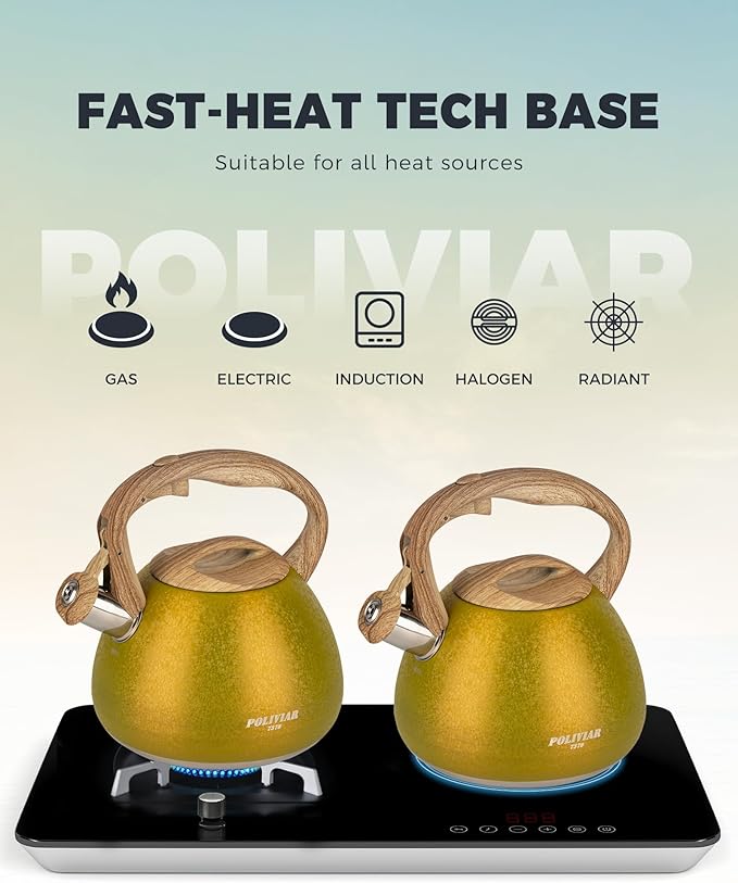 Poliviar Tea Kettle, 2.7 Quart Stovetop Tea Kettle, Audible Whistling Teapot with Crackle Finish, Food Grade Stainless Steel for Anti-Rust