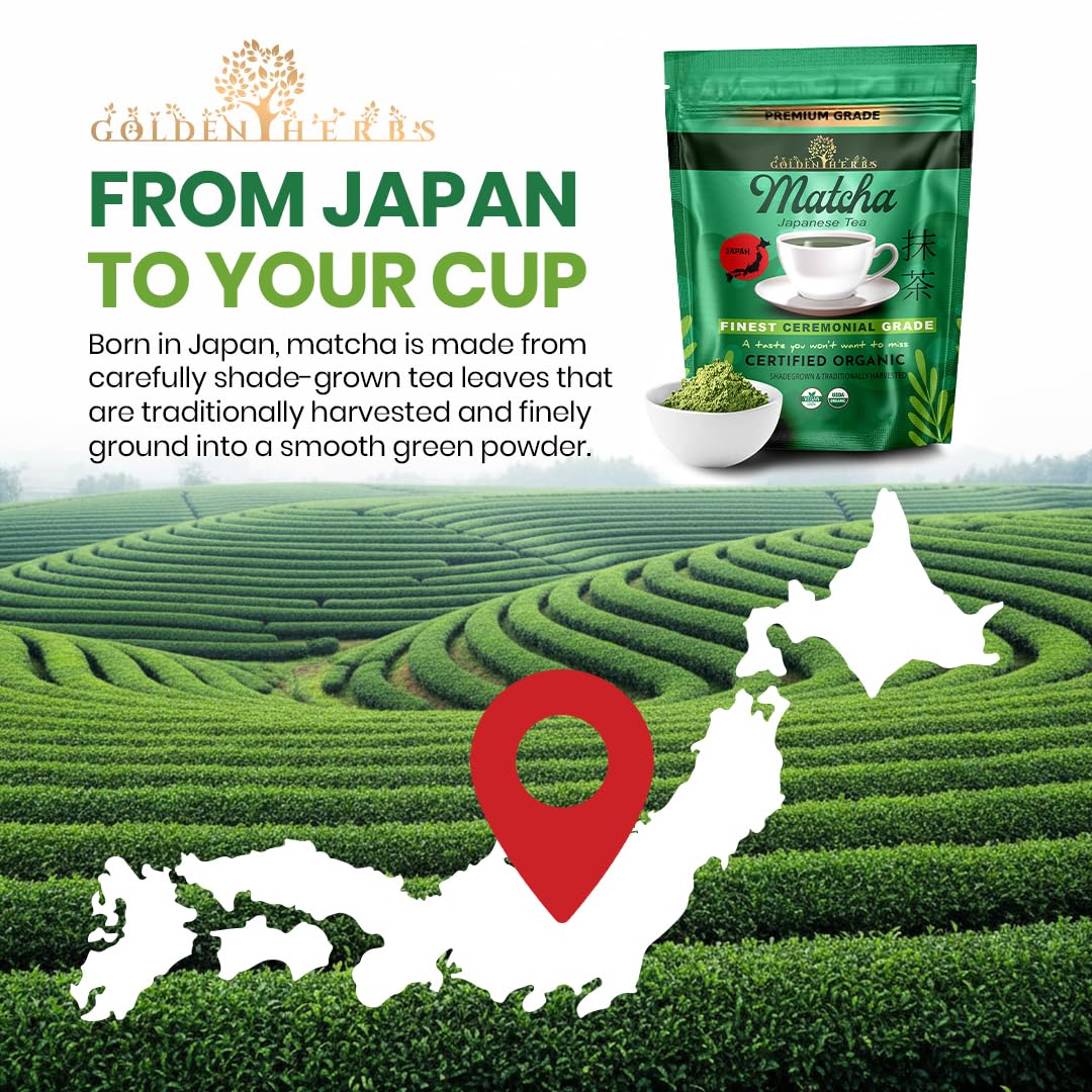 Golden Herbs Matcha Superior Ceremonial Blend Green Tea Powder from Uji, Kyoto, USDA Organic, Gluten-Free Vegan, 100% Pure Unsweetened, No Additivesm, Resealable Freshness Pouch (60 Grams / 2.12 OZ)