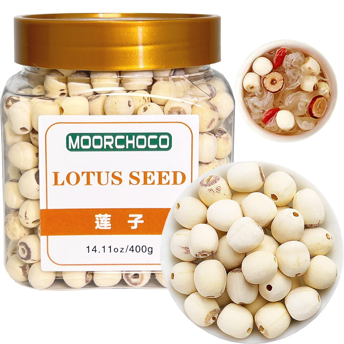 MOORCHOCO Dried Lotus Seeds- Pure Natural Chinese Herbal Medicine- 14.11oz/400g Used for making soup-Brewing tea-莲子 (Lotus