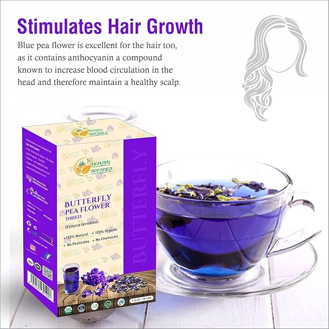 Herbs Botanica Dried Butterfly Pea Flowers For Tea Premium Herbal Tea 100% Clitoria Ternatea Flower Non Toxic, Vegan, Caffiene Free