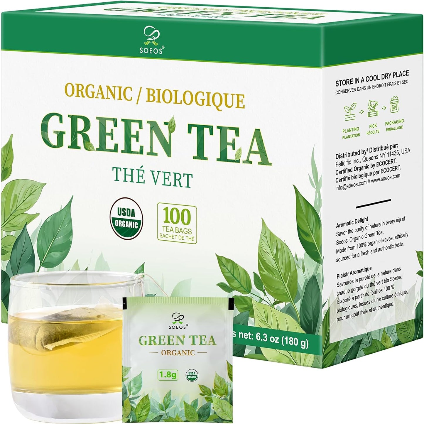 Soeos Organic Green Tea, 100 Tea Bags (Pack of 1), Caffeinated, Low Caffeine, Fresh and Healthy Green Tea, 6.3 Ounce