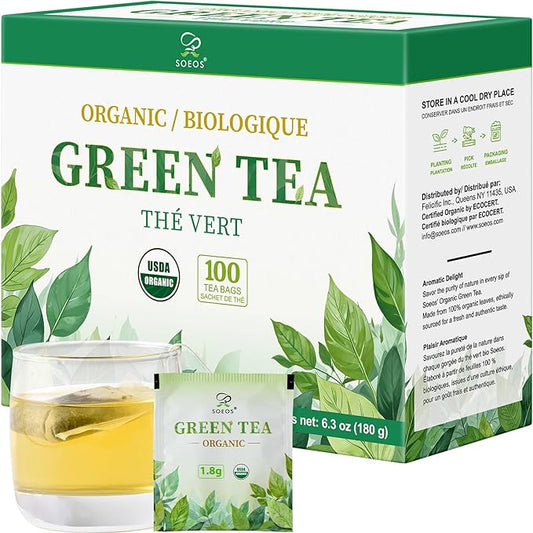 Soeos Organic Green Tea, 100 Tea Bags (Pack of 1), Caffeinated, Low Caffeine, Fresh and Healthy Green Tea, 6.3 Ounce