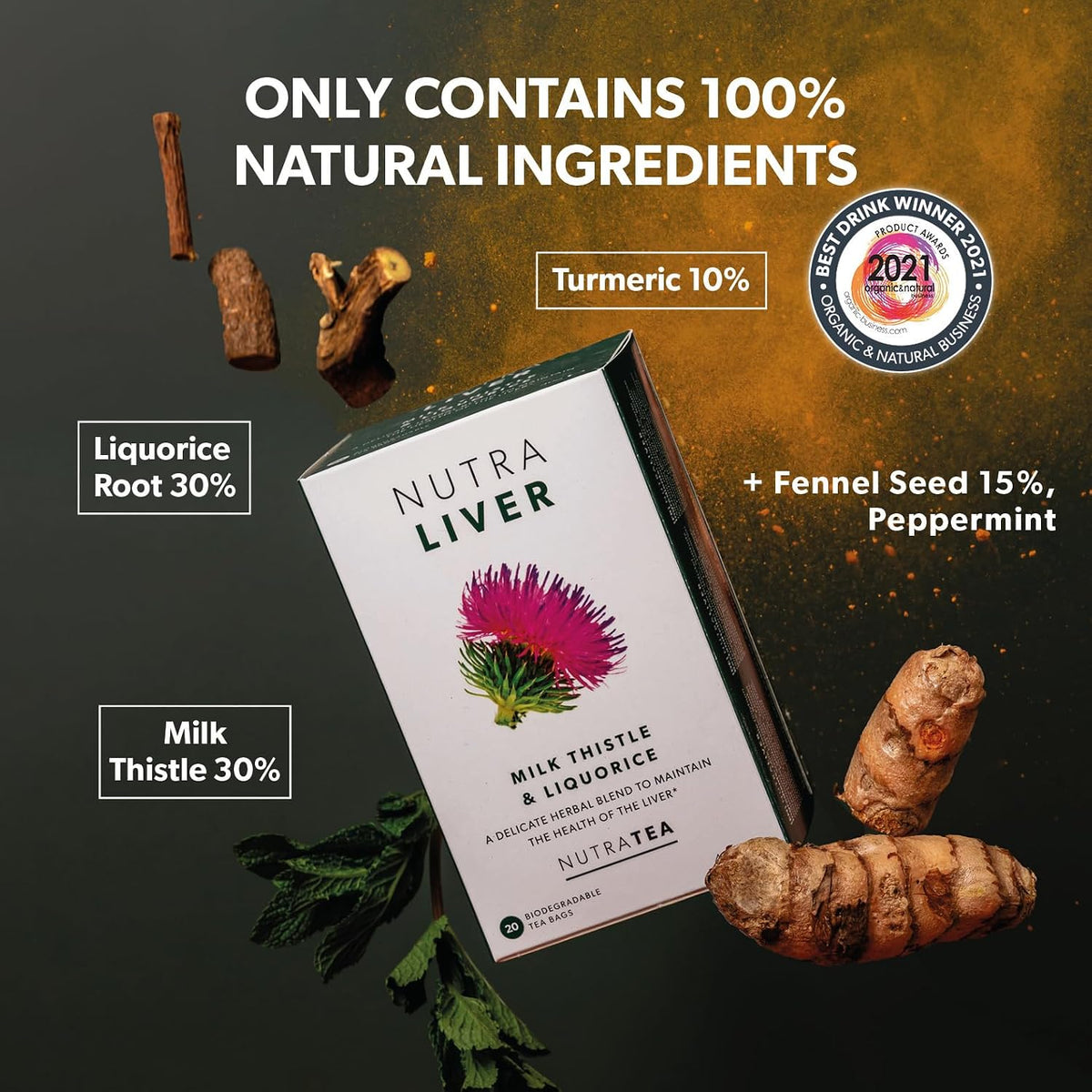 NUTRALIVER Liver Detox Tea - Cleanse &amp; Support with Milk Thistle, Turmeric &amp; Fennel - 60 Enveloped Tea Bags - Herbal Tea - 3 Pack by Nutra Tea