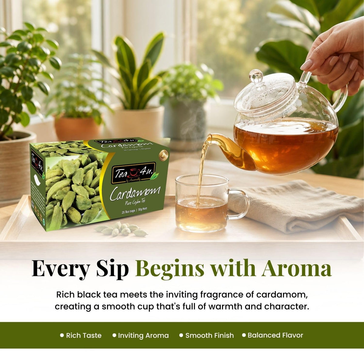 TEA 4U. BY ANVERALLY Tea4U Cardamom Black Ceylon Tea Bags - Aromatic Spice Blend - 25 Count