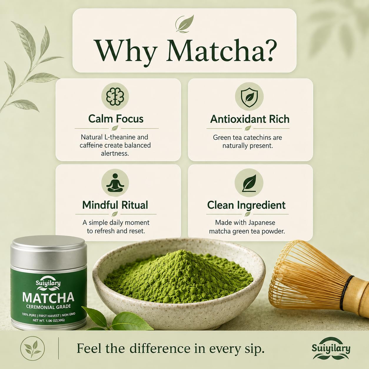 Suiyilary Ceremonial Grade Matcha Powder, Premium First Harvest Green Tea Powder – 100% Pure Matcha Tea, Vegan, Gluten-Free, Sugar-Free with No Additives (30g/1.06oz)