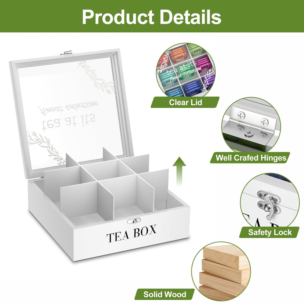 handrong Tea Box Organizer,Wooden Tea Storage,Tea Bag Holder with Glass Lid