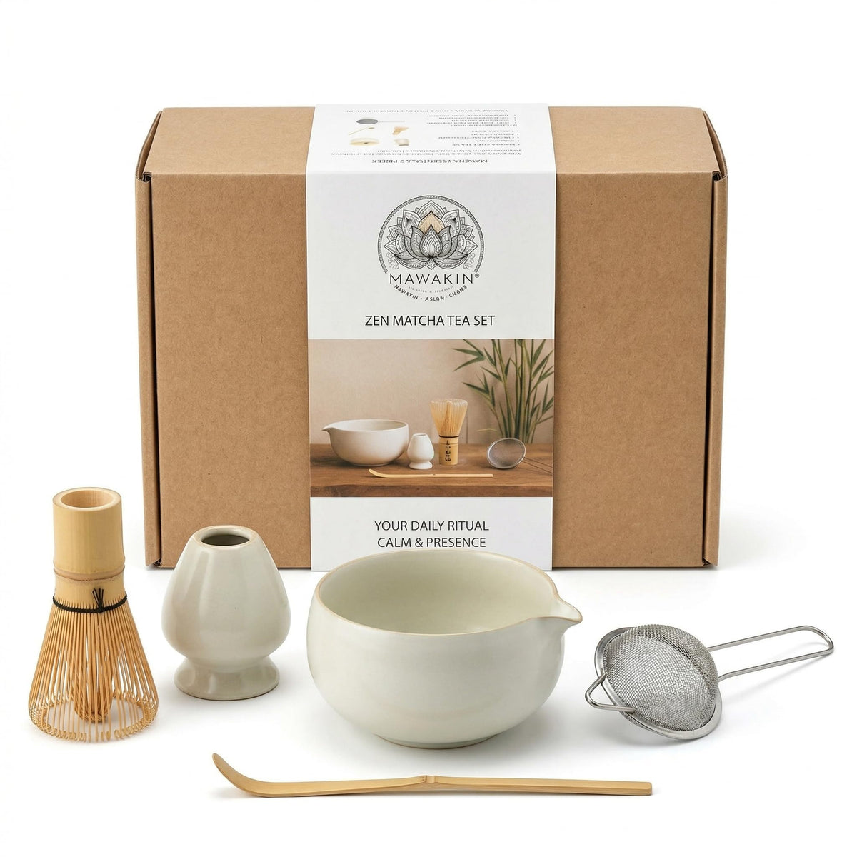 MAWAKIN Premium 5-Piece Matcha Kit, Matcha Whisk Set with Ceramic Matcha Bowl with Spout, Bamboo Matcha Whisk, Sifter, Scoop