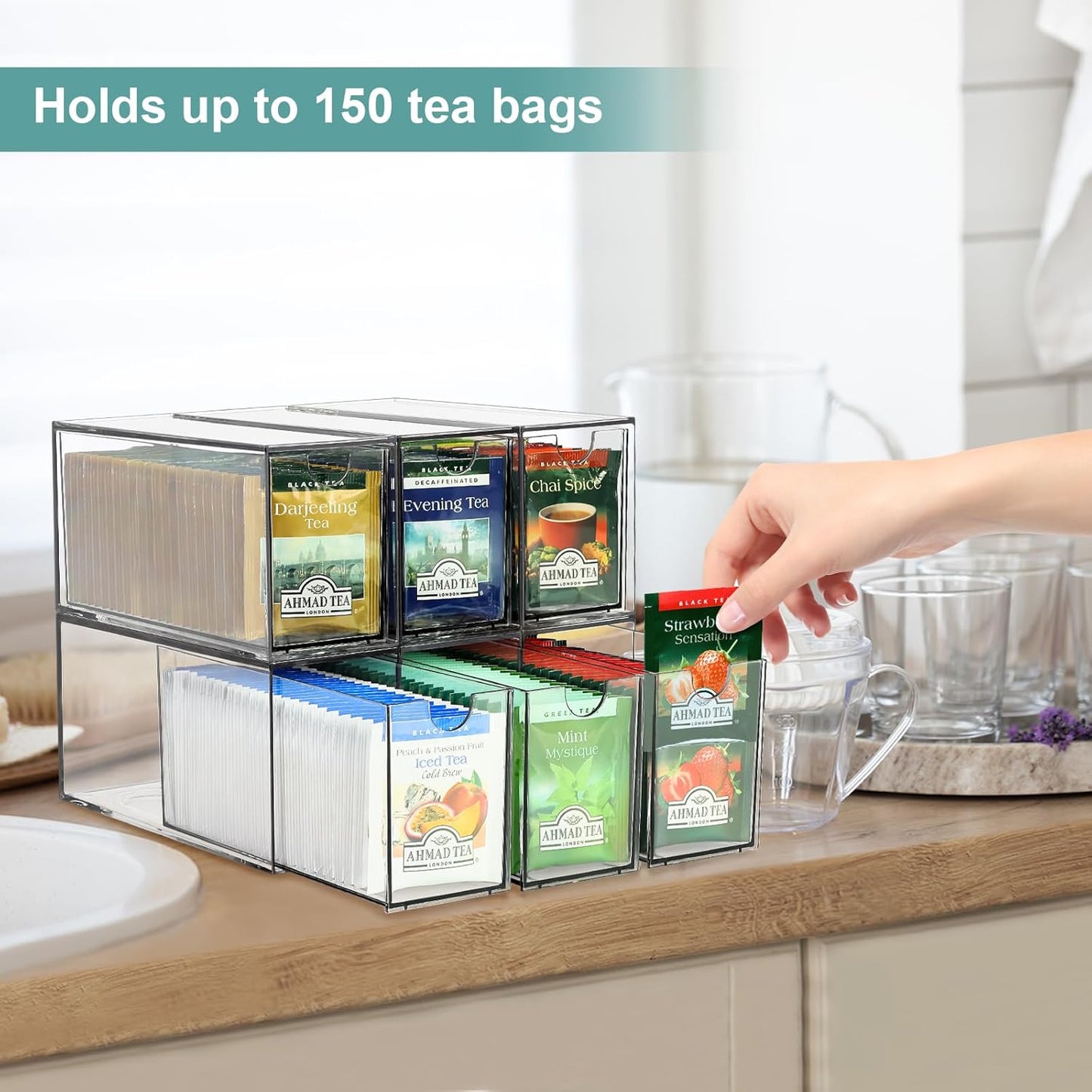 LANLISA Acrylic 6 Pack Tea Bag Organizer and Storage | Tea Bag Holder Organizer, Plastic Tea Drawer Container, For Cabinet
