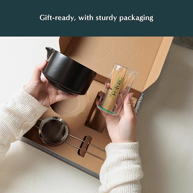 Naoki Matcha Complete Matcha Tea Ceremony Set - Includes: Bamboo Matcha Whisk & Bamboo Tea Scoop, Large Stainless Steel Sifter