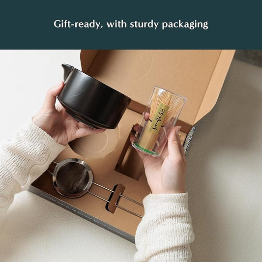 Naoki Matcha Complete Matcha Tea Ceremony Set - Includes: Bamboo Matcha Whisk & Bamboo Tea Scoop, Large Stainless Steel Sifter