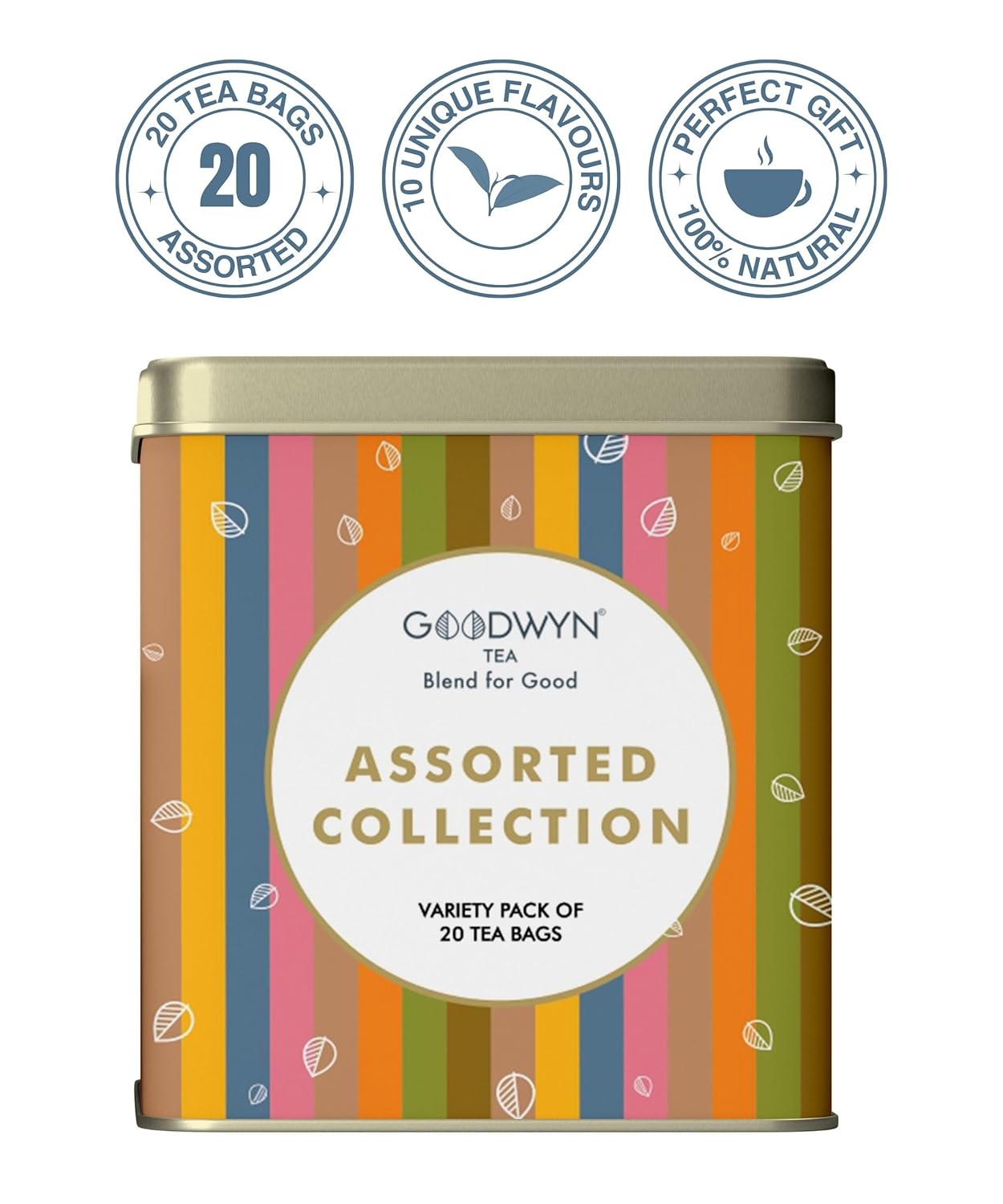 Goodwyn Assorted Tea Sampler Box – 20 Individually Wrapped Tea Bags | Premium Herbal, Black & Green Tea Collection in Reusable Wooden Chest | 10 Flavors x 2 Each: Tulsi, Kahwa, Turmeric, Assam, Green Tea, Lemon & More | Ideal Gift Set Box