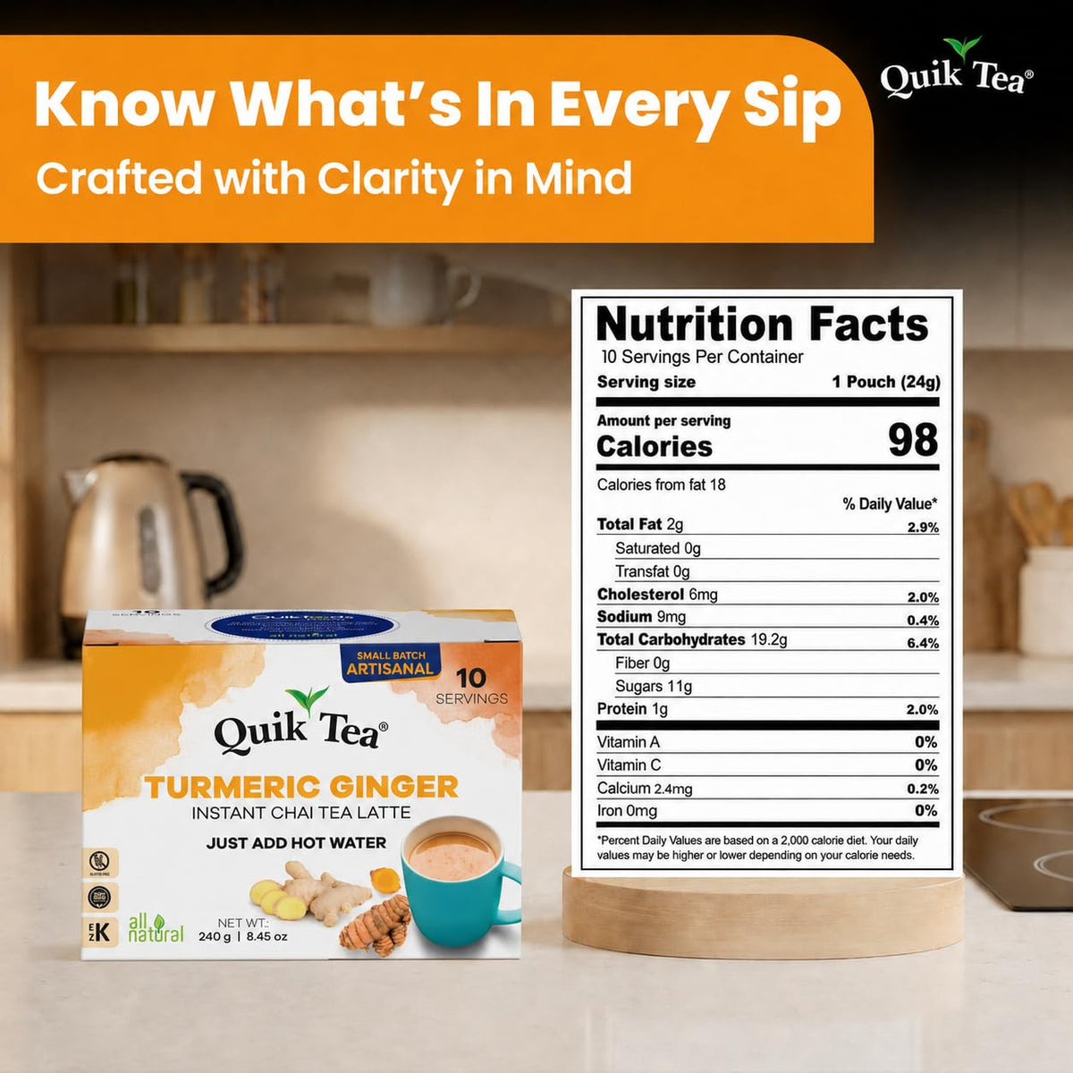 Quik Tea QuikTea Instant Chai Tea Latte Mix, Turmeric Ginger, 10 Sachets