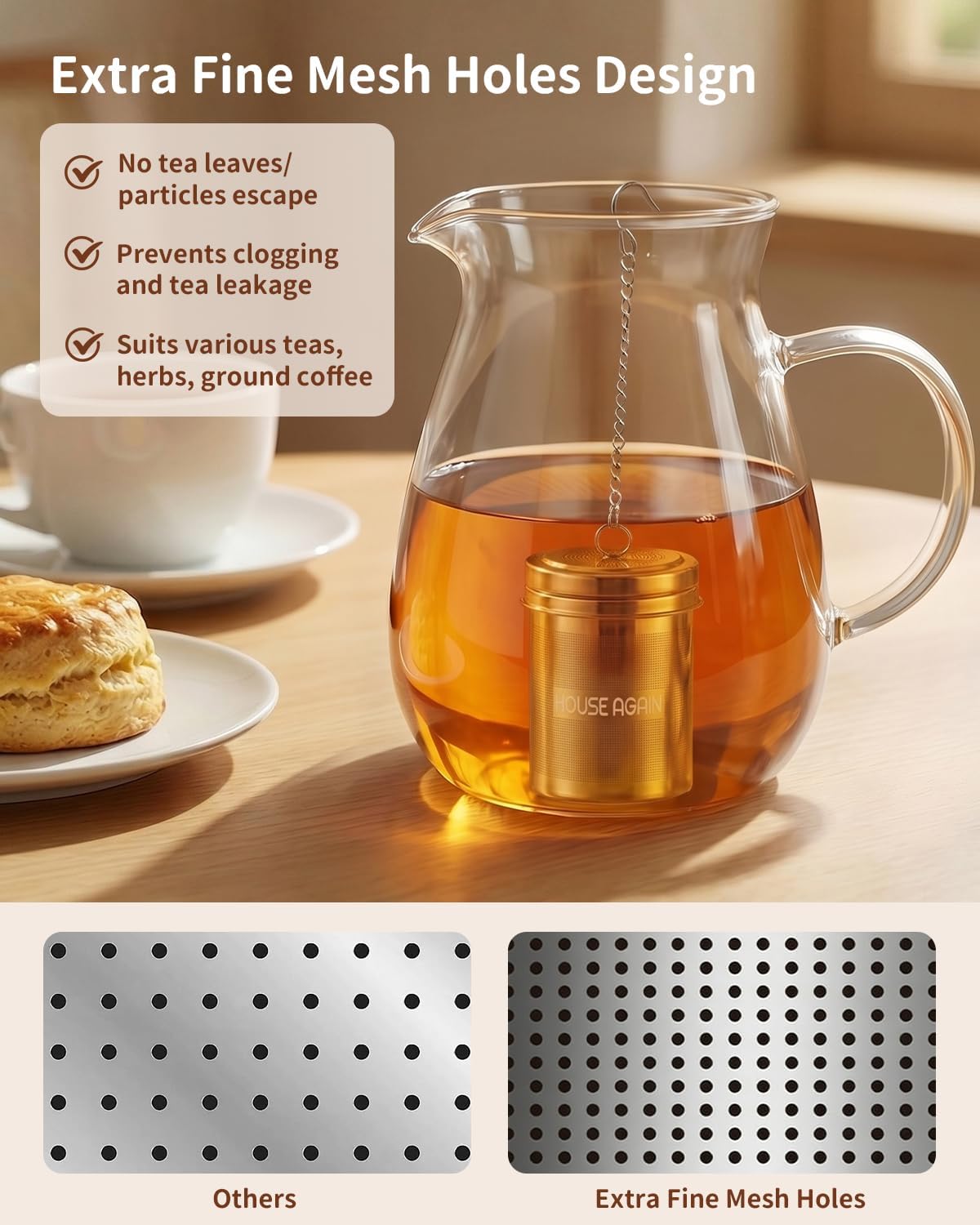 HOUSE AGAIN Large Tea Infuser, Extra Fine Mesh Tea Strainers for Loose Tea, 18/8 Stainless Steel Tea Strainer with Extended Chain Hook, Tea Steeper for Brew Tea, Spices &amp; Seasonings for Multi Cups