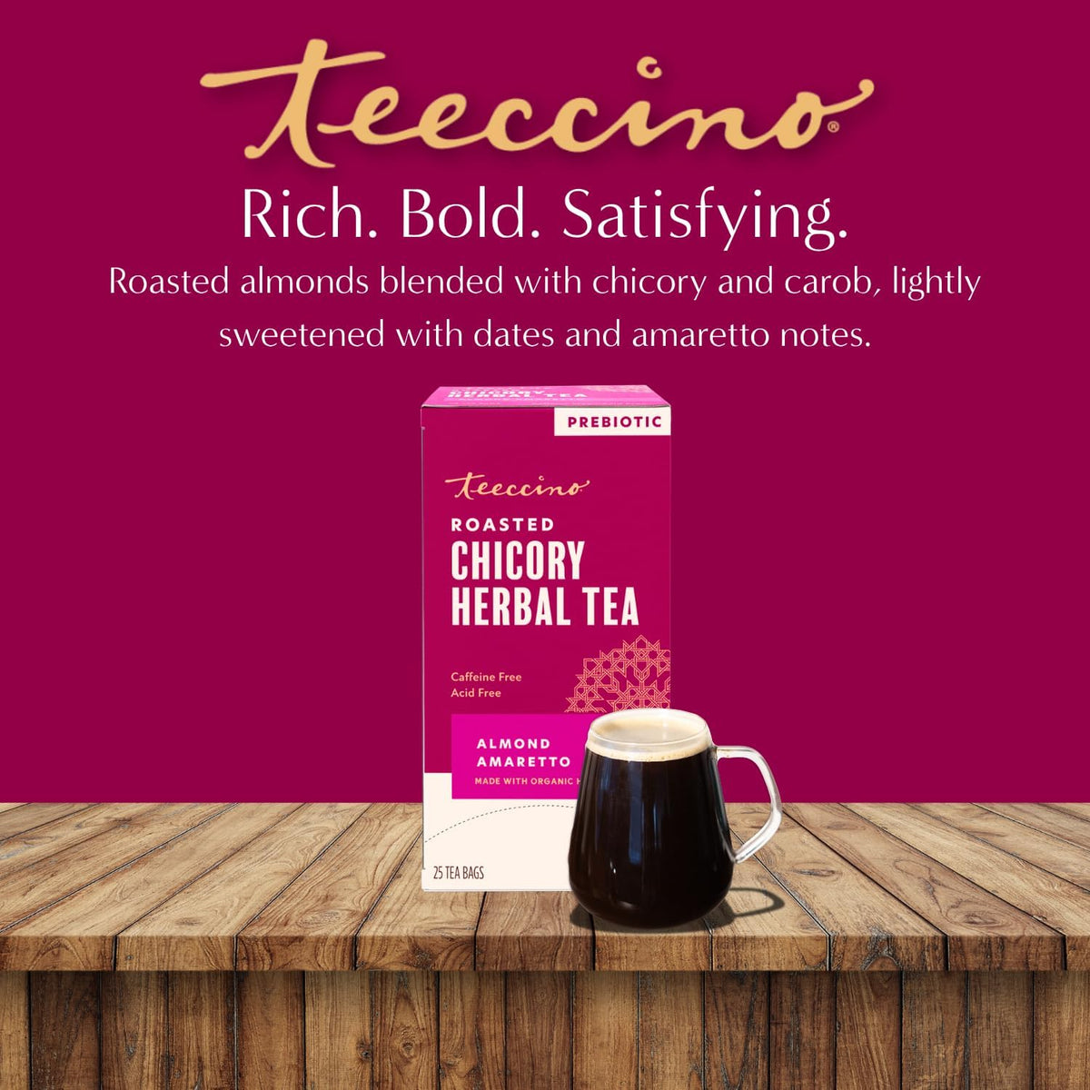 Teeccino Herbal Tea - Almond Amaretto - Rich &amp; Roasted Herbal Tea That's Caffeine Free &amp; Prebiotic for Natural Energy, 25 Tea Bags