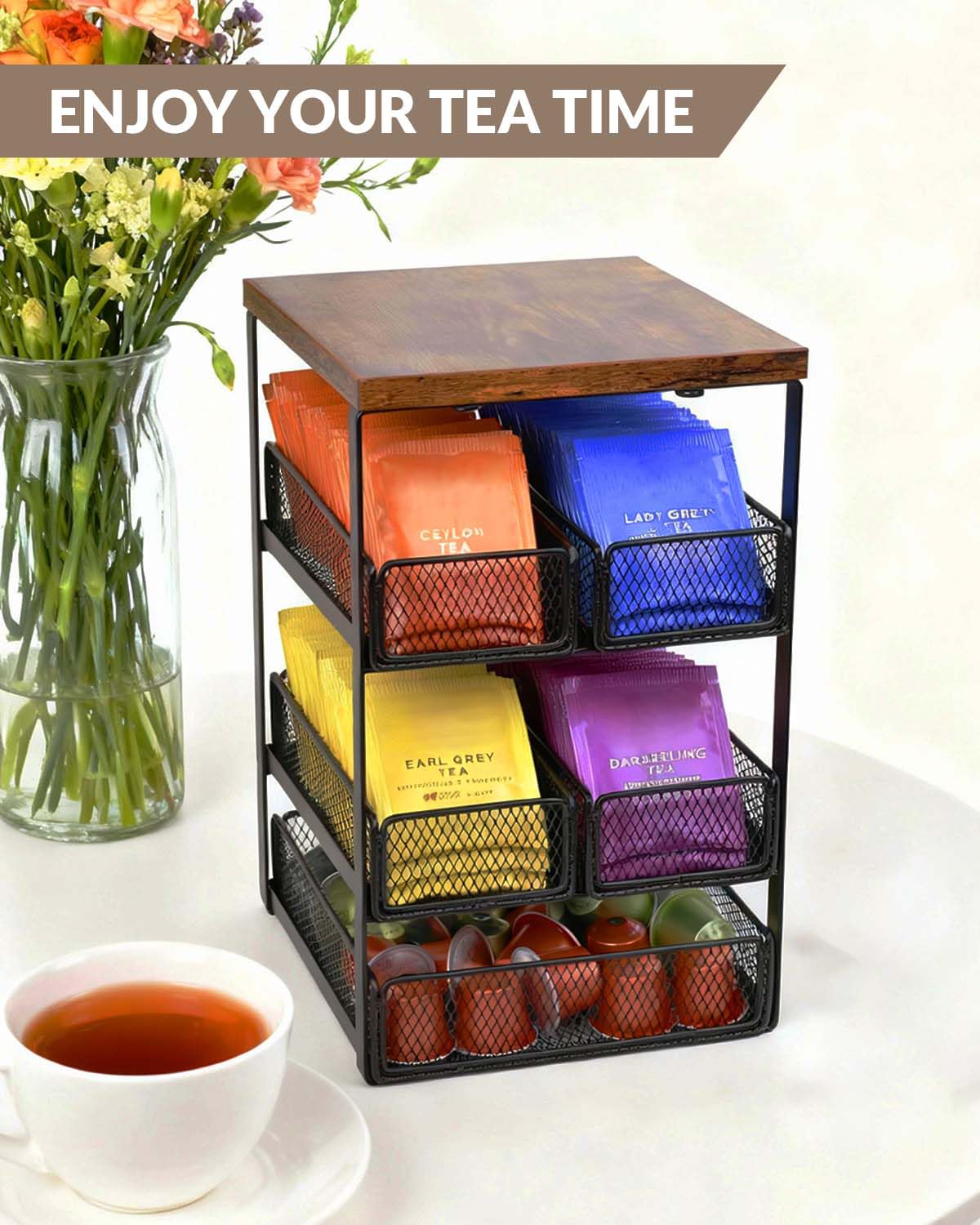 IntreLife Tea Bag Organizer with 5 Drawers, Wooden & Metal Tea Storage Organizer for TeaBags, Coffee Pods, Creamers & Sugar –
