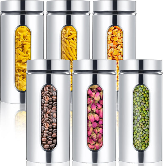 Mimorou 6 Pack 44 oz Airtight Stainless Steel Kitchen Canisters, Silver | Set Window Canister Jars, Coffee Tea Sugar, Quick Refill Check, Pantry Organization, Countertop Storage, Spice and Candy Jars