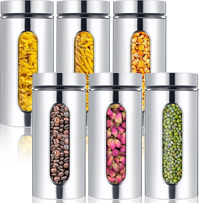 Mimorou 6 Pack Kitchen Canisters Set Airtight Coffee Sugar Tea Candy Storage Jars with Window Glass Stainless Steel Containers with Lids for Flour Cookies Spices Grains Kitchen Decorations(44 oz)