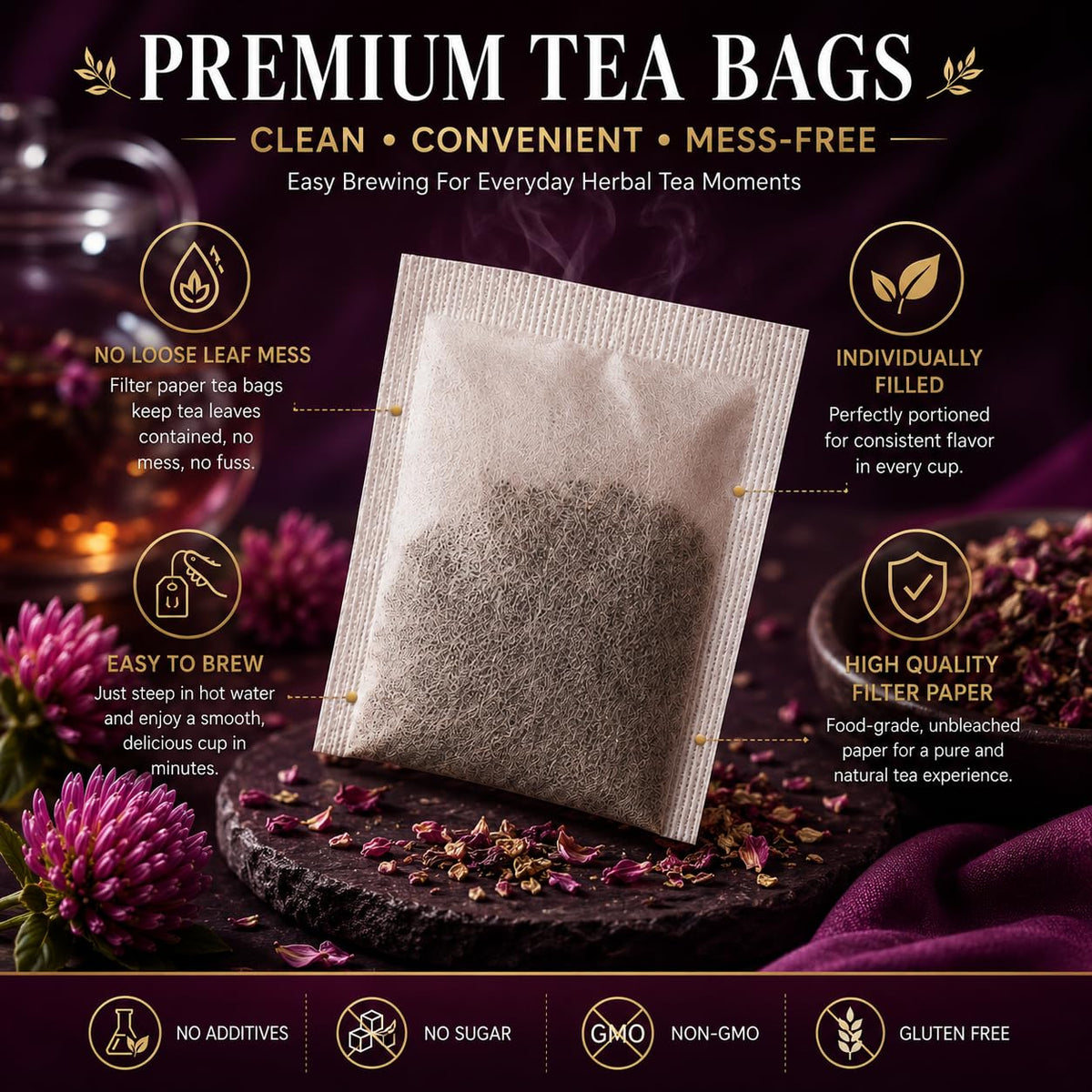 WOTIHA Premium Red Clover Tea Bags, 50 Count – 100% Natural Red Clover Herb, Rich in Antioxidants, Additive-Free