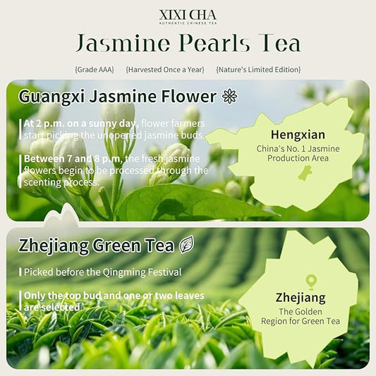 XIXICHA Jasmine Pearls Tea Jasmine Green Loose Leaf Dragon Balls Grade AAA 5.3oz/150g Long-lasting Natural Aroma Chinese Tea （120 cups）茉莉花茶 特级茉莉龙珠 绿茶 花茶