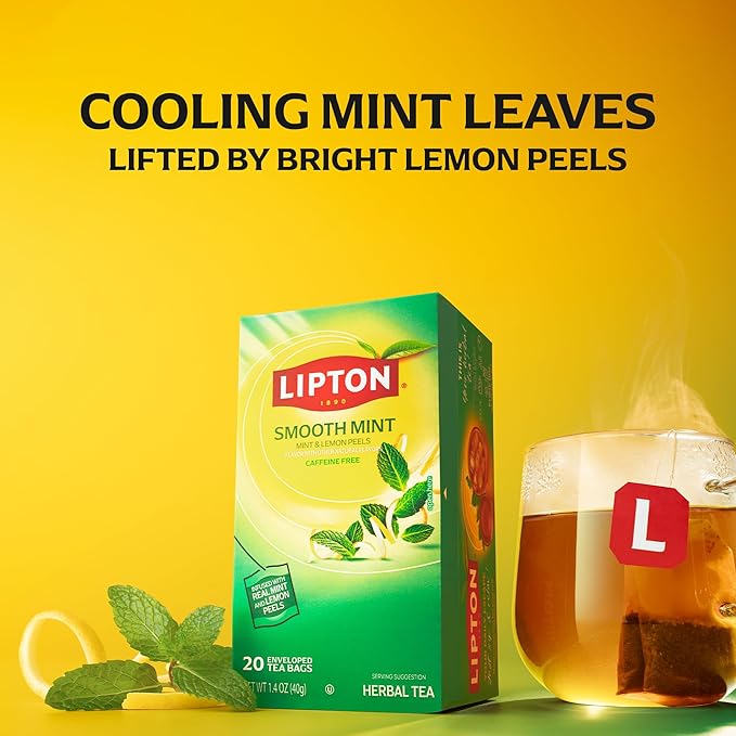 Lipton Smooth Mint with Lemon Peels Tea Bags, caffeine free Tea, Fruit and Herbal Tea, Individually Wrapped, 20 Tea Bags