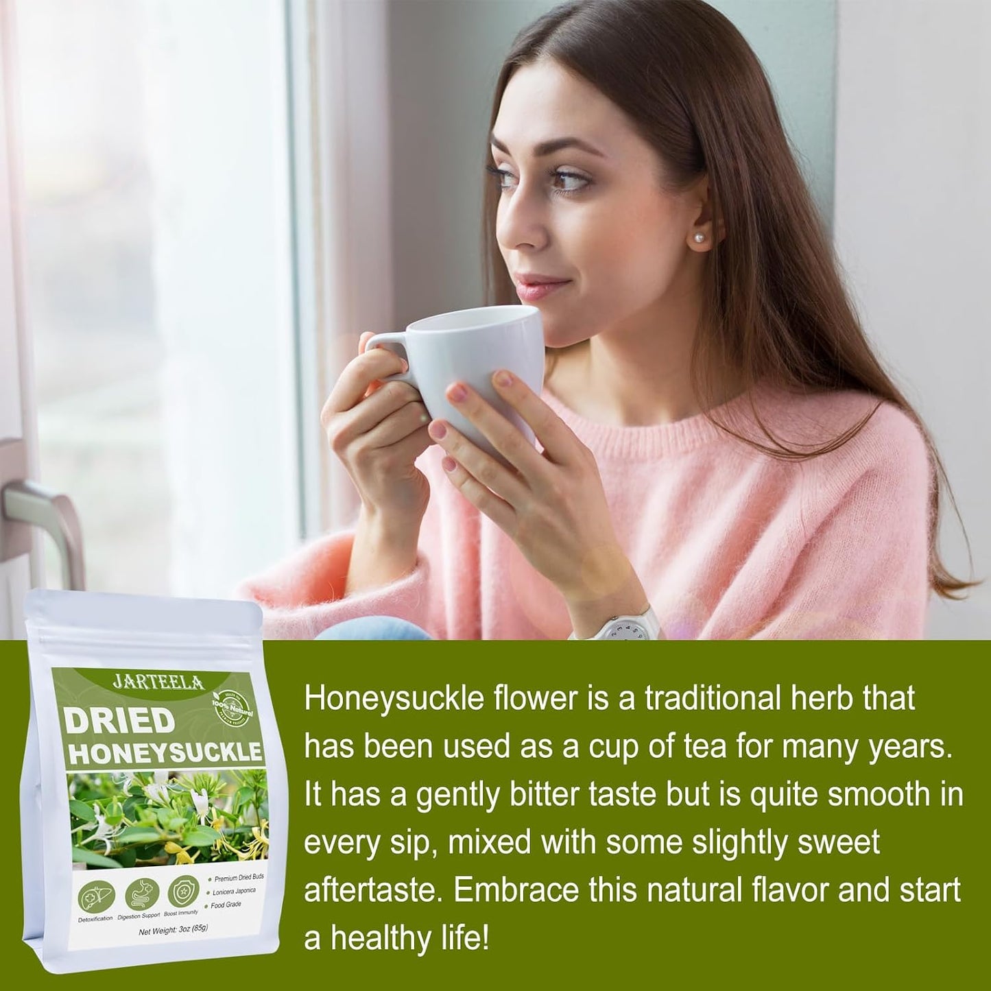 Jarteela Dried Honeysuckle Flower Chinese Natural Tea Jin Yin Hua 3oz | Non-GMO, Caffeine-free, Loose Leaf Herbal Tea, Soothing &amp; Mellow in Every Sip, Detox &amp; Relaxation