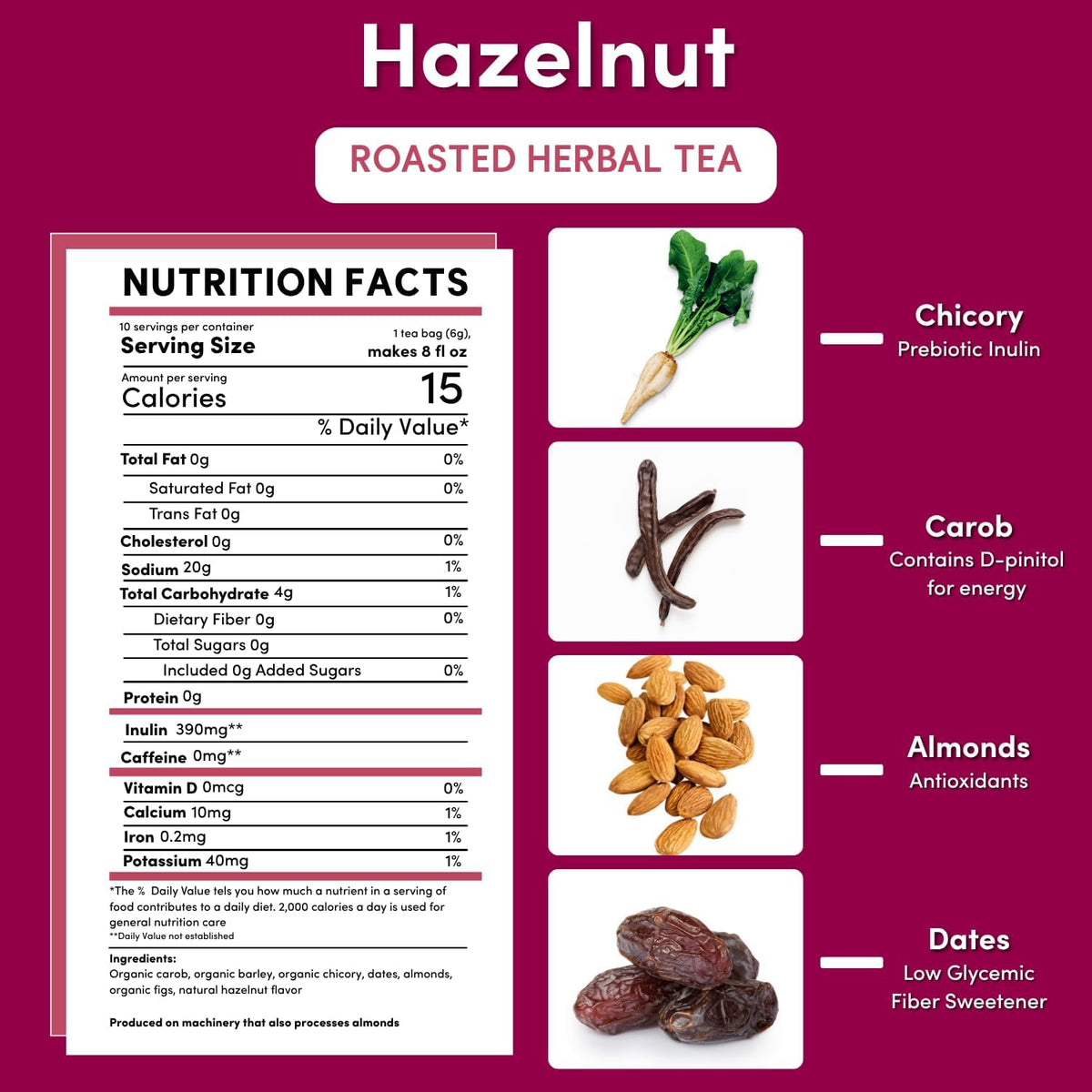 Teeccino Hazelnut Roasted Herbal Tea - Caffeine Free