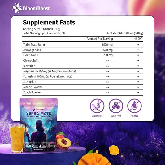 Yerba Mate Instant Tea Powder – Yerba Mate, Ashwagandha, Lion’s Mane, Chlorophyll, Peach Mango Flavor – 11.6 oz (30 Servings) – Sugar-Free, Gluten-Free, Superfood Energy & Focus Blend