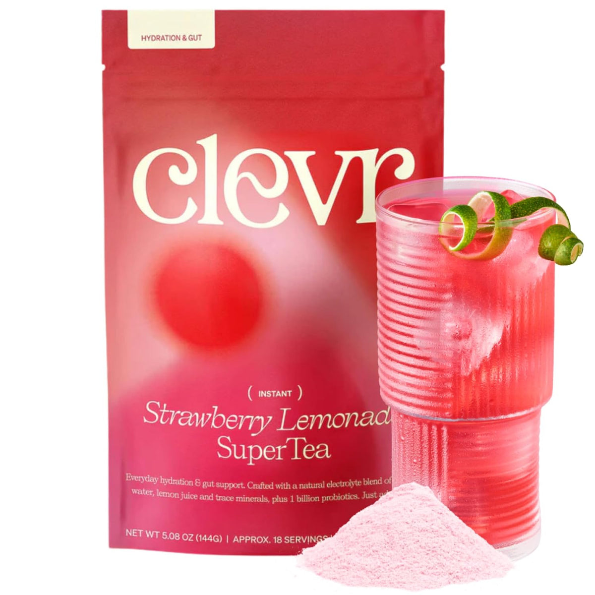 Clevr Strawberry Lemonade GLP-1 Friendly Electrolytes Hydration Drink Mix – No Added Sugar – Coconut Water with Strawberry &amp; Lemon Juice, Trace Minerals &amp; Gut Supporting Probiotics – Caffeine-Free SuperTea – 18 Servings