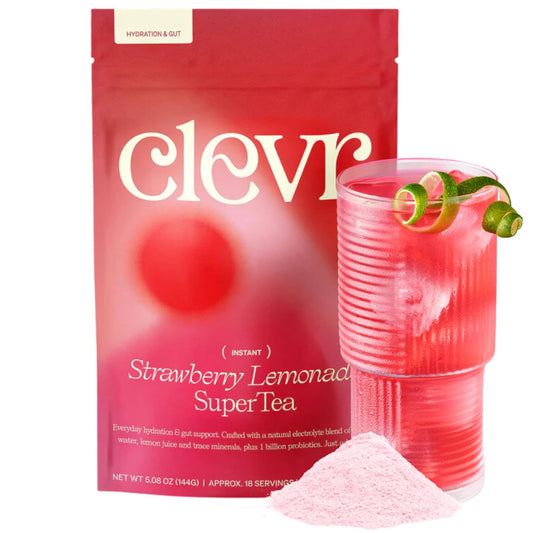 Clevr Strawberry Lemonade GLP-1 Friendly Electrolytes Hydration Drink Mix – No Added Sugar – Coconut Water with Strawberry &amp; Lemon Juice, Trace Minerals &amp; Gut Supporting Probiotics – Caffeine-Free SuperTea – 18 Servings